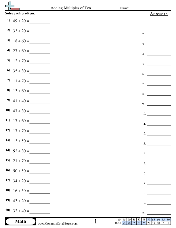 Adding Multiples of Ten (Horizontal) worksheet
